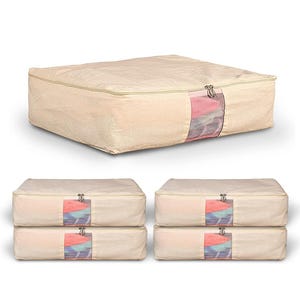 May include: A set of five rectangular beige fabric storage bags with zippered closures and a clear plastic window on the front panel. Each bag features a structured design, allowing them to be stacked neatly for organized storage of items.