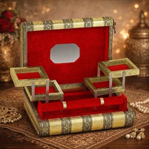 May include: Open jewelry box with a red velvet interior and a gold-colored exterior. The box has multiple compartments, including a mirror and ring holders. The box is decorated with ornate patterns.