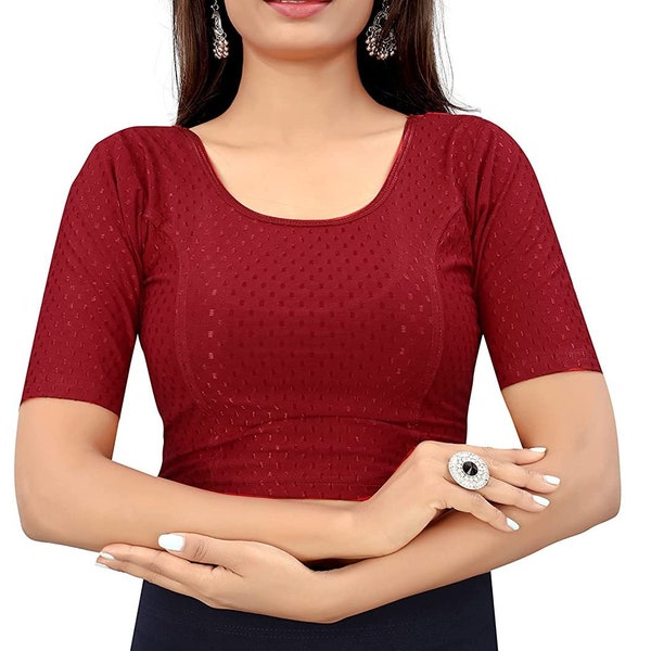 Blouse for Women , Readymade Blouse for Saree, Fully Stitched Saree Blouse, Maroon Round Neck Dobby Cotton Lycra Stretchable Blouse Gift Her