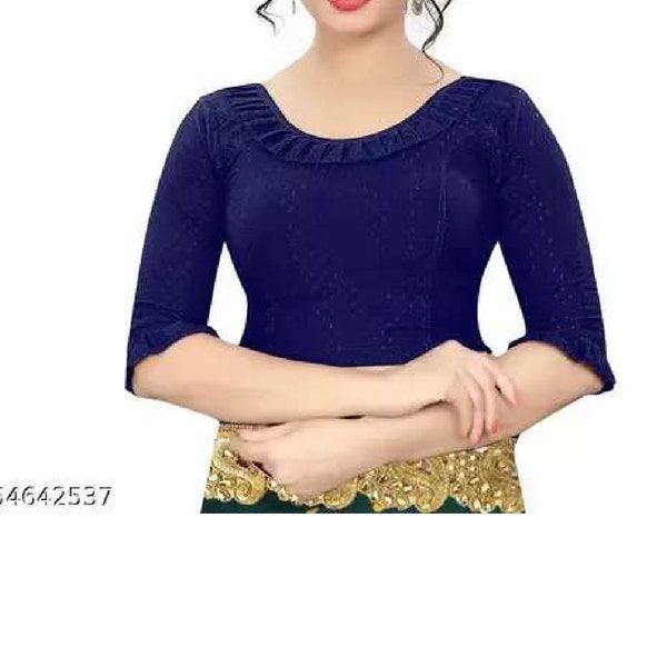 Ladies Women Summer Blouses for Saree, Dobby Cotton Firil Neck Blouse for Saree Blue Color Stretchable Cotton Lycra Blouses For Women Top