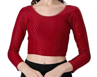 Maroon Full Sleeve Blouse for Women, Dobby Cotton Lycra Women Round Neck Blouse, Stretchable Full Sleeve Readymade Blouse for Women