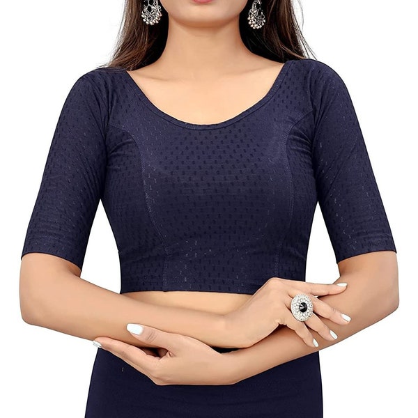 Navy Blue Round Neck Dobby Cotton Lycra Stretchable Elbow Sleeve Readymade Saree Blouse for Women Stylish, Elbow Sleeves Without Pads Blouse