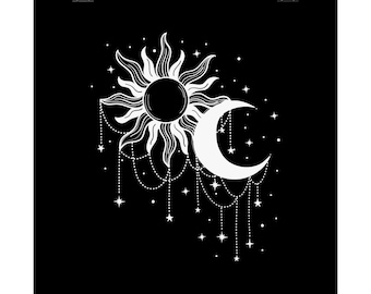 Impressão artística fosca com sol e lua celestiais: decoração boho para casa