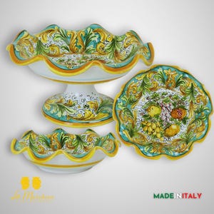 Fruit Bowl Kitchen Centerpiece in Caltagirone Ceramic with Ornate Edge and Fruit – Various Models
