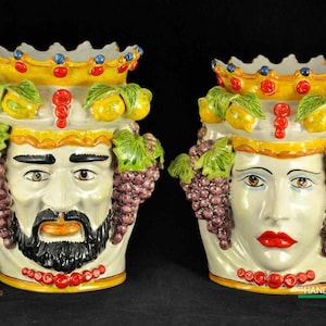 Pair of Moor&#39;s Heads in Caltagirone Ceramics decoration 600 Blue with Crown and fruit 34 cm