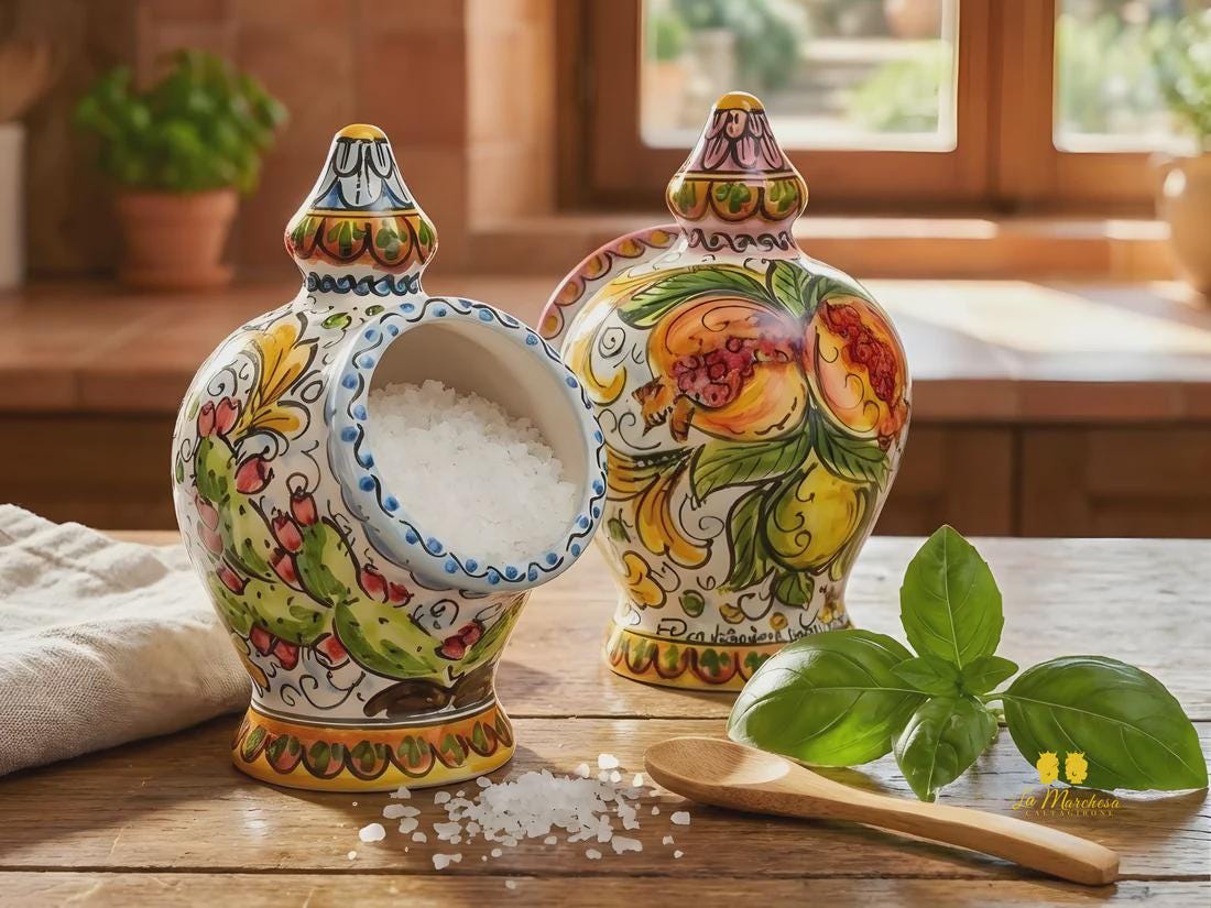 Portasale saliera in ceramica siciliana decorata a mano. Made