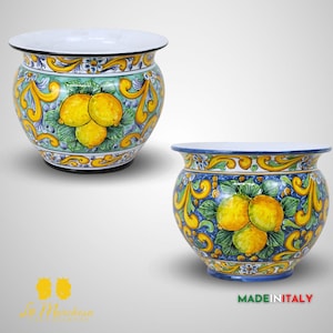 Può includere: Due vasi di fiori in ceramica con un design a limone. Il vaso a sinistra ha un design verde e giallo con limoni e foglie. Il vaso a destra ha un design blu e giallo con limoni e foglie. Entrambi i vasi hanno un bordo bianco.