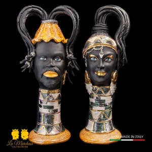 Pair of Moor&#39;s Heads in Caltagirone Ceramics, Afro design, Platinum, Gold and Mother of Pearl, 60 cm