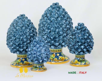 Sicilian Pine Cone in Caltagirone Ceramic with Antique Blue Decorated Base - Various Sizes