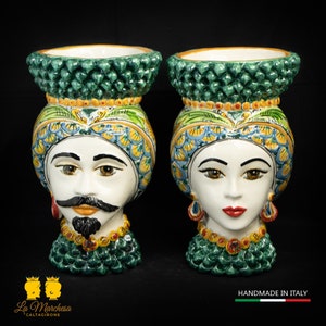 Caltagirone Ceramic Moor&#39;s Heads with Copper Green Pine Cone Crown, 31 cm