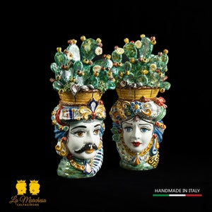 Caltagirone Ceramic Moor&#39;s Heads prickly pear basket h31