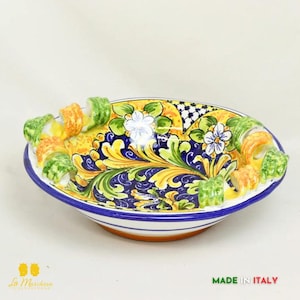 Caltagirone Ceramic Centerpiece Bowl with Antique Blue Ornate Handles 31 cm