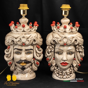 Sicilian Moor&#39;s Head Lamp in Caltagirone Ceramics Smoked Red Details 31cm