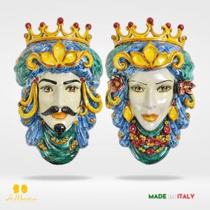 Moorish Heads Wall Mounted in Caltagirone Ceramics Green Copper Crackle 44 cm
