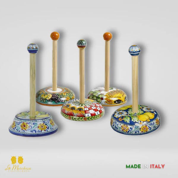 Hand-decorated Caltagirone ceramic paper towel roll holder - various models