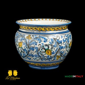 Caltagirone Ceramic Vase Holder 600 Antique Blue Yellow Flowers and Braid L30
