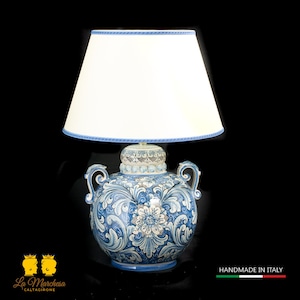 Caltagirone Ceramic Lamp Ornate White Blue Antique Handles h58