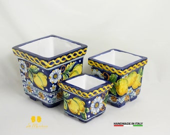 Square outdoor planter in Caltagirone ceramic cobalt blue lemons – Various sizes