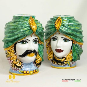 Moor&#39;s heads in Caltagirone ceramic green turban 34 cm