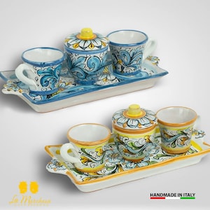 Set of coffee cups in Caltagirone ceramic decorated with tray