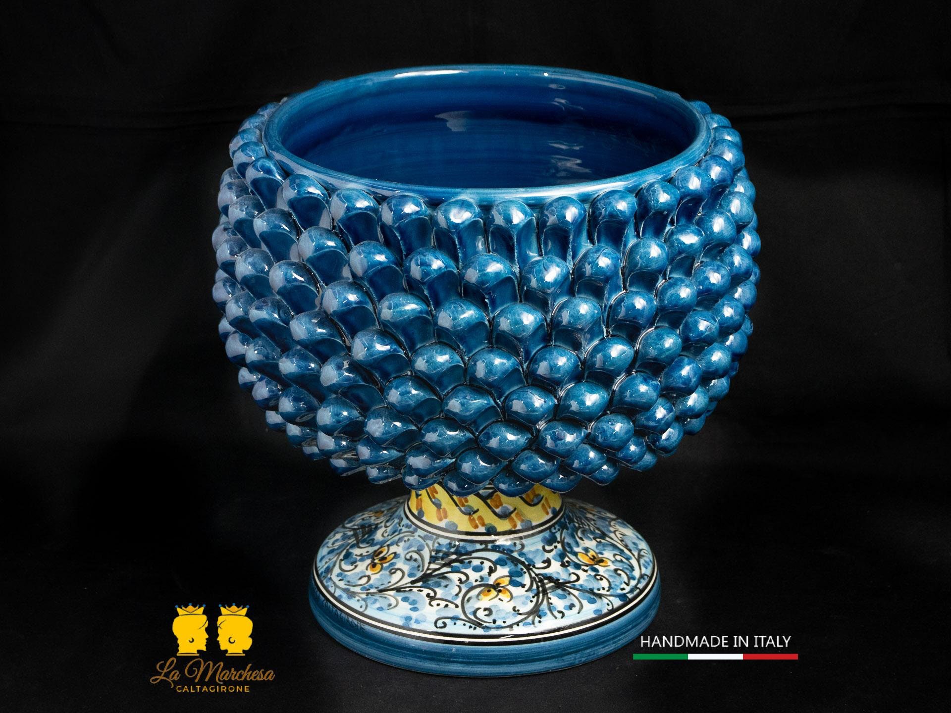 Caltagirone Ceramic Half Pigna Pot Holder Cm H.20 L.20 Artisan Teal Green  Decorated Base 