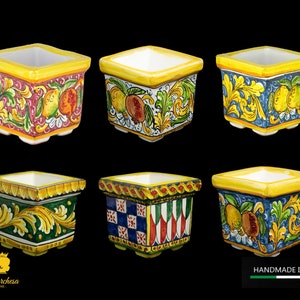 Square outdoor planter in Caltagirone ceramic with baroque decoration 13 cm