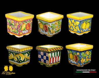 Square outdoor planter in Caltagirone ceramic with baroque decoration 13 cm