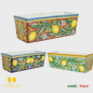 Può includere: Tre vasi rettangolari in ceramica con un motivo a limone. I vasi sono decorati con foglie verdi, limoni gialli e fiori bianchi. I vasi sono in tonalità di rosso, blu e verde.