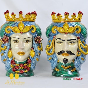 Caltagirone Ceramic Moor&#39;s Heads, Light Blue, Green, Copper, Crackle, 42 cm
