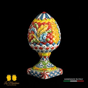 Sicilian Pine Cone in Caltagirone Ceramics with Cart Decoration - Various Sizes