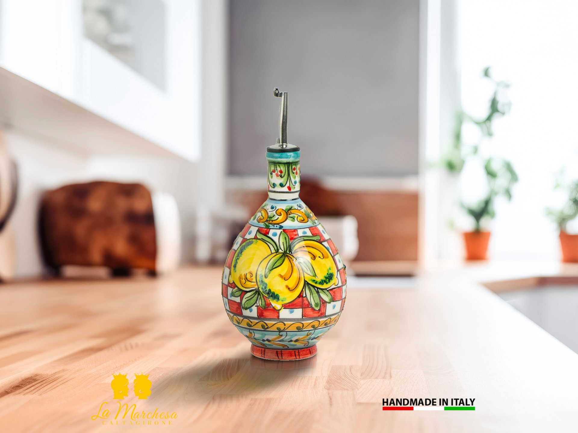 Oliera In Ceramica Di Caltagirone Fatta A Mano - Decorazione Siciliana Con Limoni, Alta 16 Cm - CEAR Ceramiche