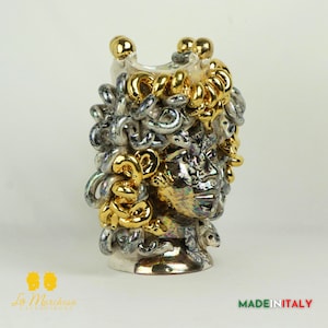 Moor&#39;s Head Medusa Gold and Mother of Pearl in Caltagirone Ceramic 32 cm