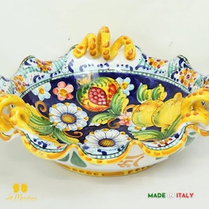 Caltagirone Ceramic Bowl Centerpiece with Yellow Lemon Handles 38 cm