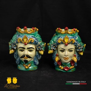 Moor heads in Caltagirone ceramic fruit crown green copper 15 cm