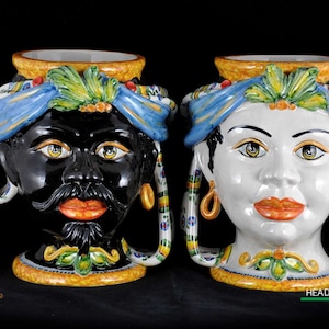 Pair of Moor&#39;s Heads in Caltagirone Ceramics with turban 31 cm