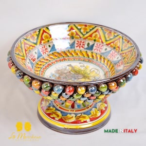 Bowl with Sicilian Pinecone Stand Caltagirone Ceramic Multicolor Fruit 32 cm