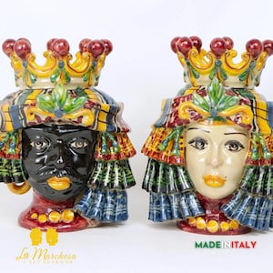 Pair of Moor&#39;s Heads Caltagirone ceramic drapery H20