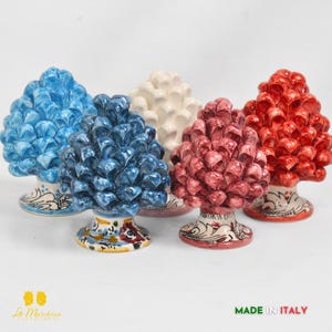Sicilian pine cone, Caltagirone ceramic, various colors, white decoration, 13 cm