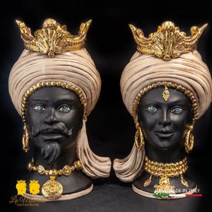Pair of Moor&#39;s Heads Caltagirone ceramics, gold smoked turban design, 45 cm