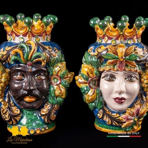 Moor&#39;s Heads Caltagirone Ceramics Classic Fruit Antique Blue Crown Green Copper 25 cm