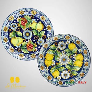 Caltagirone Ceramic Plate Cobalt Blue Lemons Pomegranates 37 cm