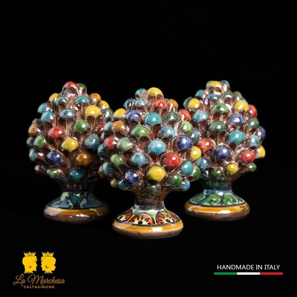 Pomme de Pin en Céramique Sicilienne Caltagirone Multicolore 11 cm Nacre