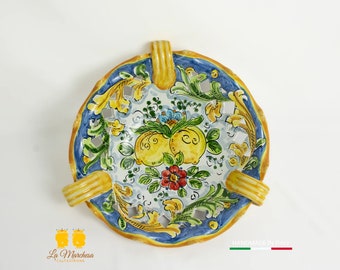 Caltagirone ceramic centerpiece with antique blue handles and carvings 32 cm