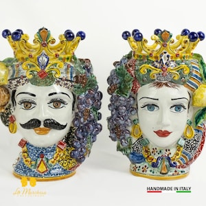 Caltagirone ceramic Moor&#39;s heads detailed fruit decorations 29 cm