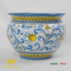 Jarrón de cerámica de Caltagirone, década de 1600, azul antiguo, flores amarillas y trenza, L30