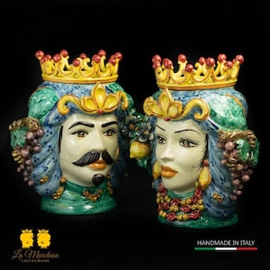 Moor&#39;s Heads in Caltagirone Ceramics, Light Blue, Fruit, Crackle, 35 cm