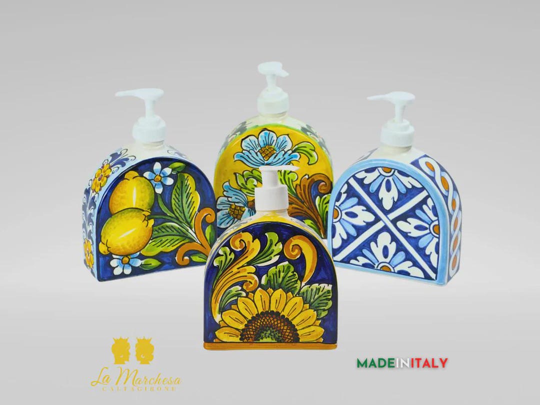Caltagirone Ceramic Decorated Liquid Soap Dispenser, 12 Cm