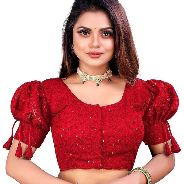 Beautiful Red Georgette Mirror And Thread Work Blouse In Round Neck, Elbow Sleeves / Puff Sleeve Blouse, Wedding Blouse, Partywear Blouse