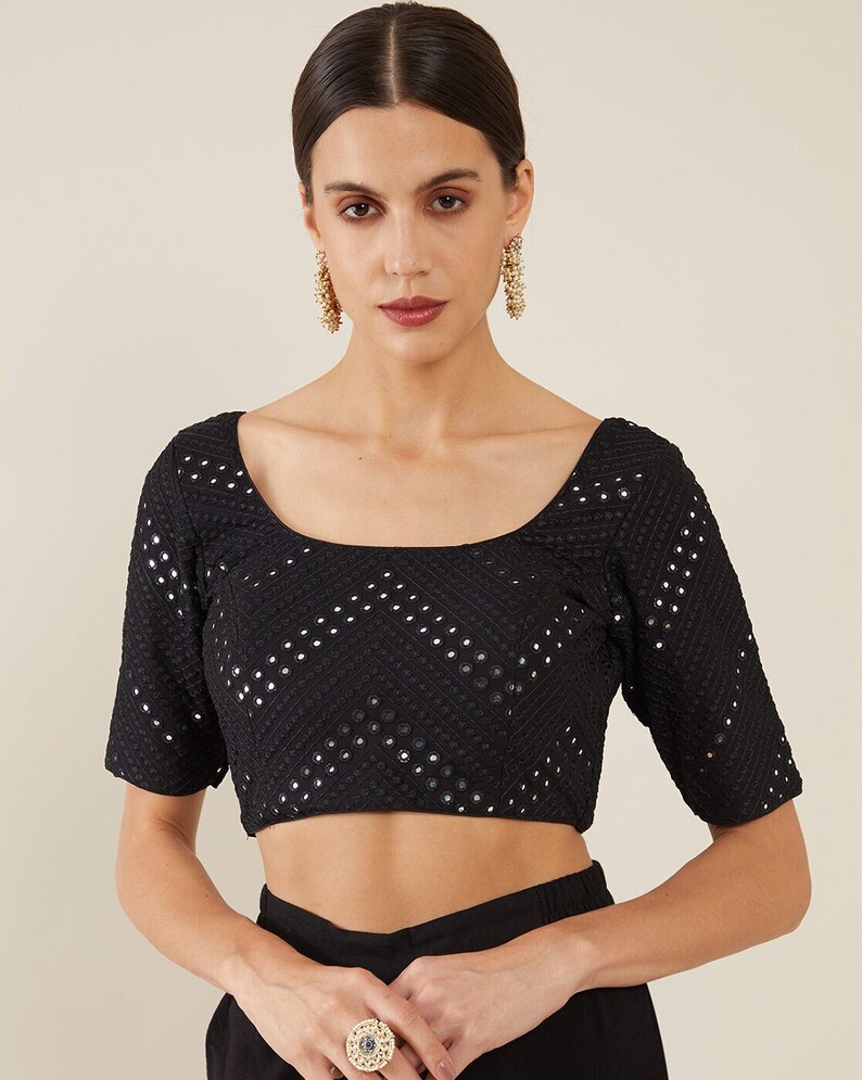 Indian Designer Navy Blue Mirror Work Blouse, Round Neck Blouse, Sarees