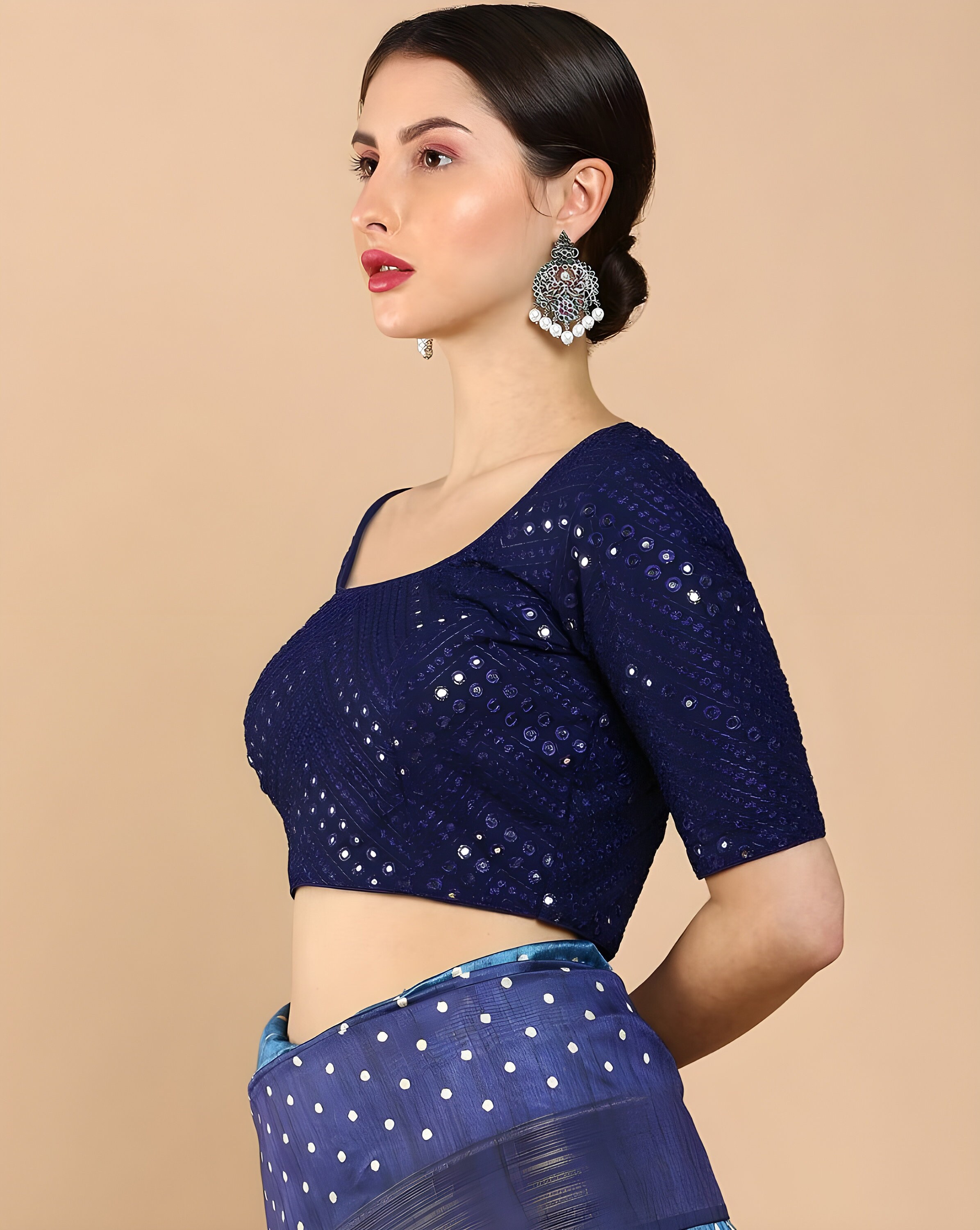 Indian Designer Navy Blue Mirror Work Blouse, Round Neck Blouse, Sarees